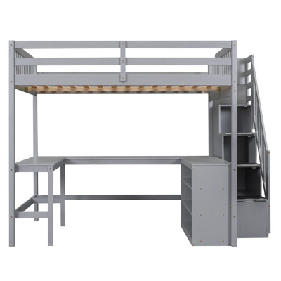 Lit mezzanine double avec escalier de rangement et bureau en L, tablettes à trois niveaux