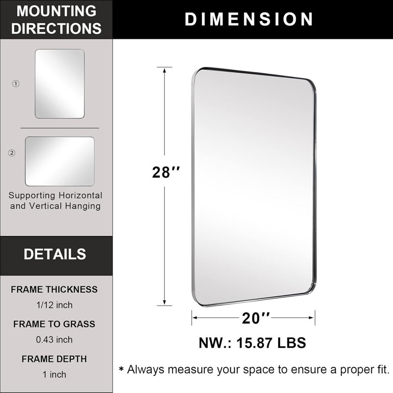 Miroir de salle de bain Inse Cadre en acier inoxydable, 28 po x 20 po, Nickel brossé