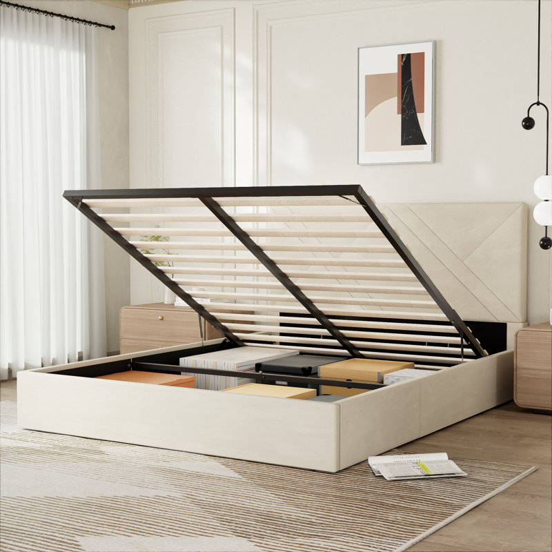 Gaillarde Hydraulic Lift Up Storage Upholstered Platform Bed, Queen, Cream