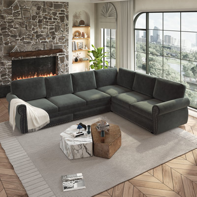 Canapé-lit en L 118 po avec lit escamotable, canapé-lit convertible surdimensionné avec garniture cloutée et accoudoirs roulés, canapé modulaire revêtu de chenille, gris foncé