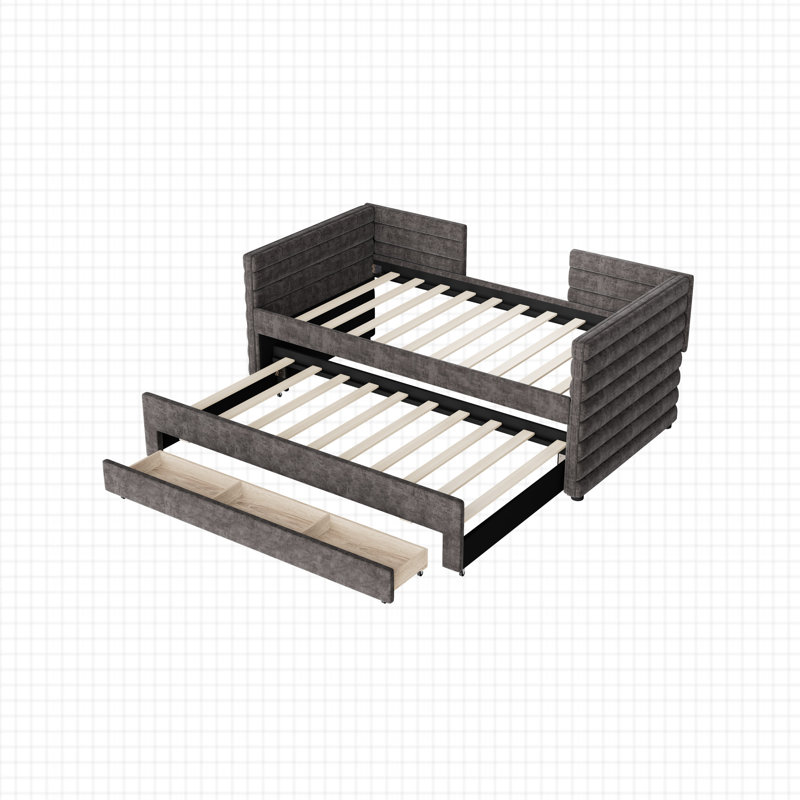 3 Drawers Upholstered Daybed With Trundle, Gray