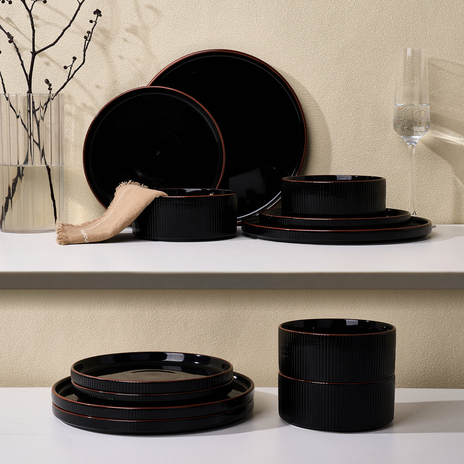 Star Porcelain series 12 Pieces Dinnerware Set, White, Glossy Black