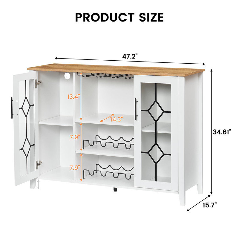 LED Bar Cabinet with Glass Rack – White & Mango Wood, Adjustable Shelves for Wine, Coffee, Whiskey, White