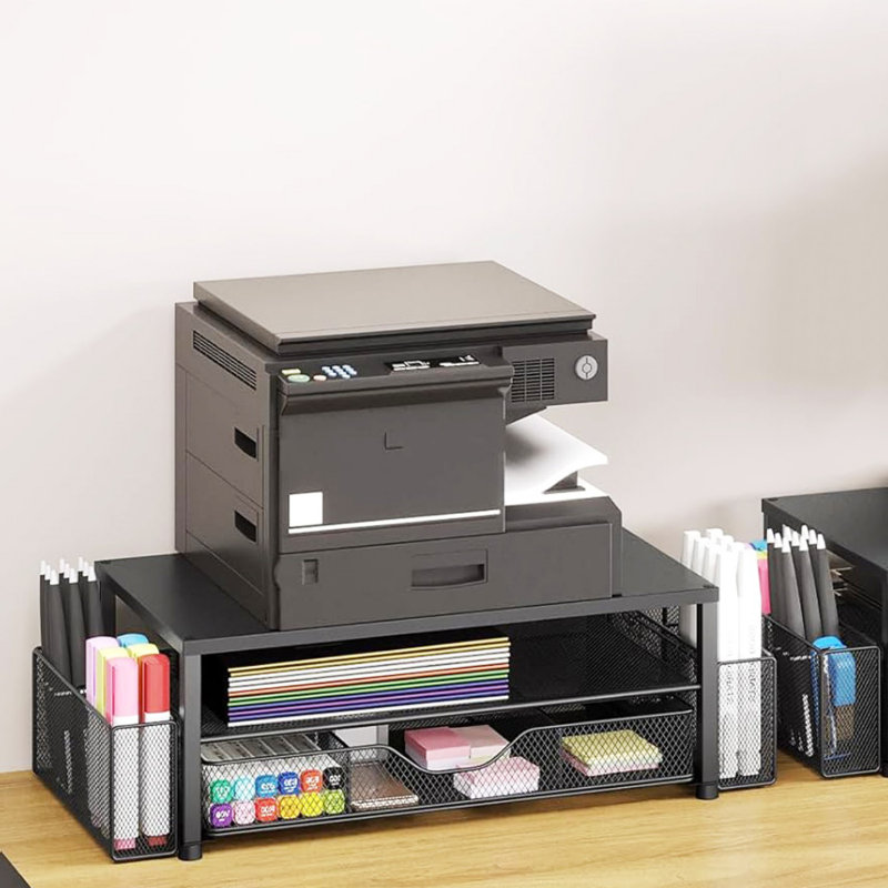 2-Tier Computer Monitor Stand with Drawer and 2 Pen Holders, Black