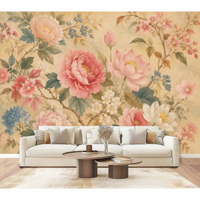 Papier peint adhésif à motif floral rétro avec pivoines blanches et blanches, cerisiers en fleurs, hortensias bleus, H 69 po x l 96 po, papier peint amovible en PVC pour bureau à domicile