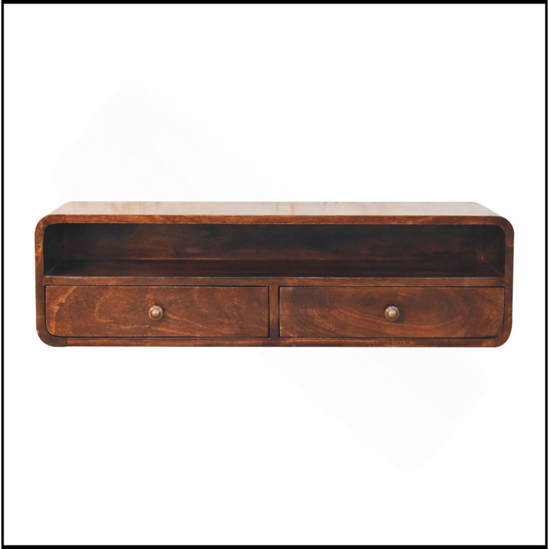 Console flottante en bois massif noyer de Californie, 2 tiroirs, brun