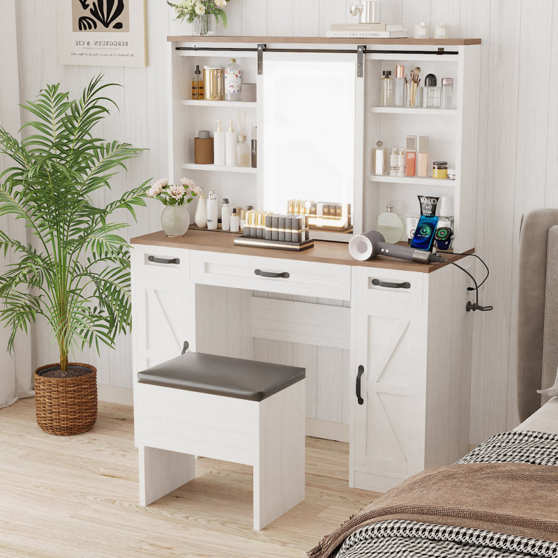 Ensemble de meuble-lavabo à DEL avec miroir coulissant, prises de courant intégrées et rangement (tabouret inclus)