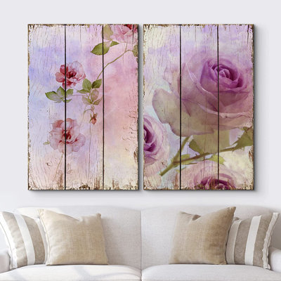 Flower Blossom " Vintage Roses Against The Wood Background " 2 - Pieces