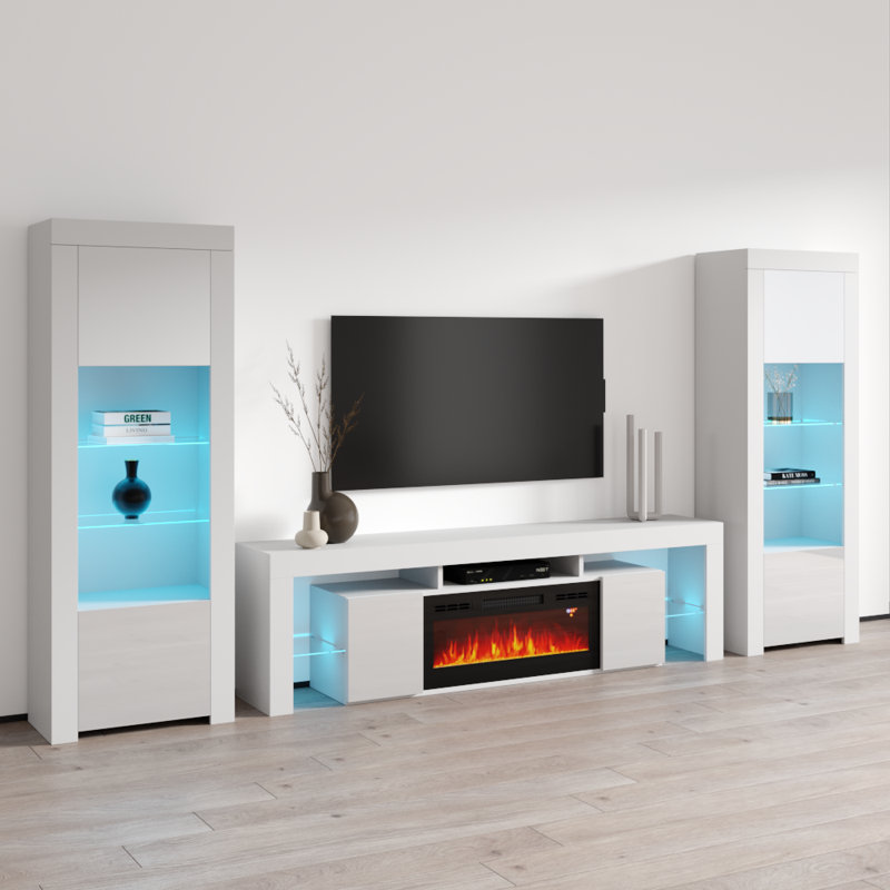 Entertainment 128.7" Modern Entertainment Center with Electric Fireplace, High Gloss Finish, Media Storage, White/Black