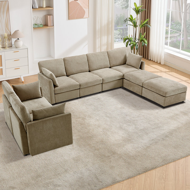 Sarang 110.2" Modern Upholstered Sectional Modular Sofa Bed With Ottomans, Khaki Polyester Blend