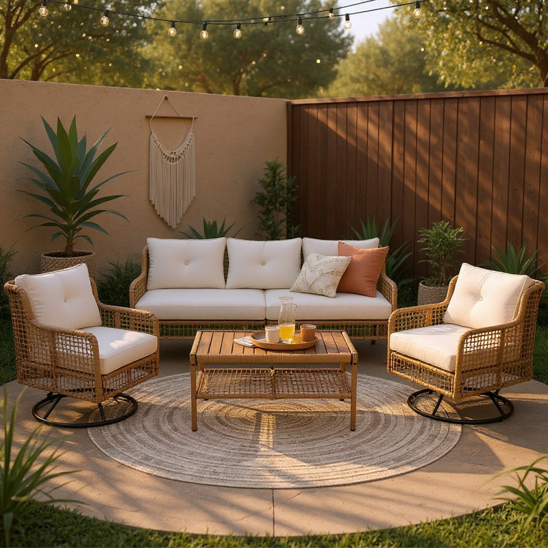 4 - Piece Outdoor Patio Sofa Seating Group With Cushions, Beige Cushions/Natural Frame