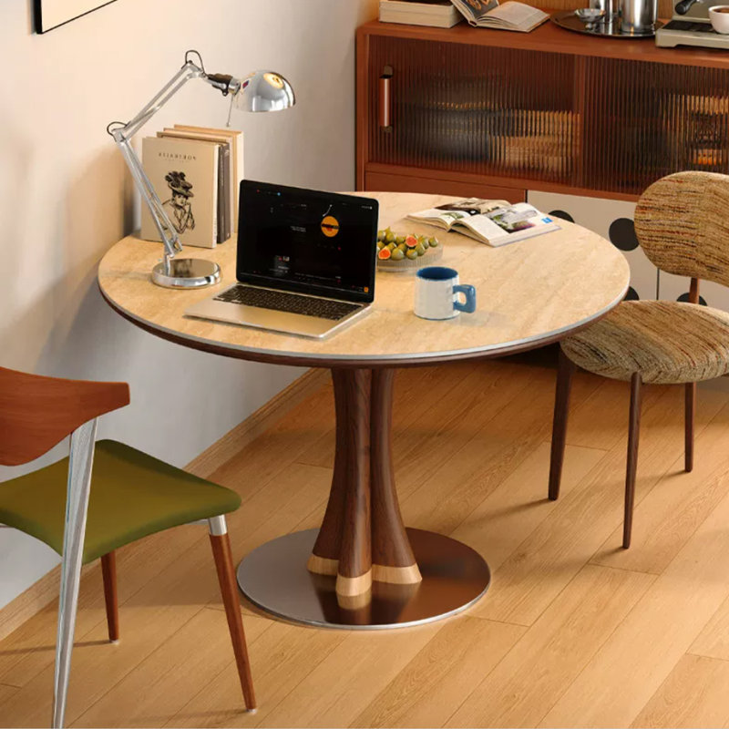 Beige + brun noisette + pierre frittée ronde argentée + bois massif + table de salle à manger en acier inoxydable