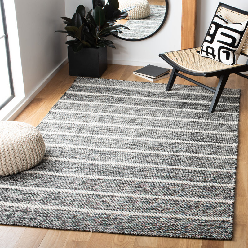 Kenra Hand Tufted Wool/Cotton Striped Rug in Ivory/Black, Rectangle 9' x 12'