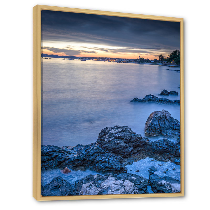 Coucher de soleil sur la mer - reproduction d'art sur toile, H 12 po x l 8 po x P 1 po, Cadre flottant brun