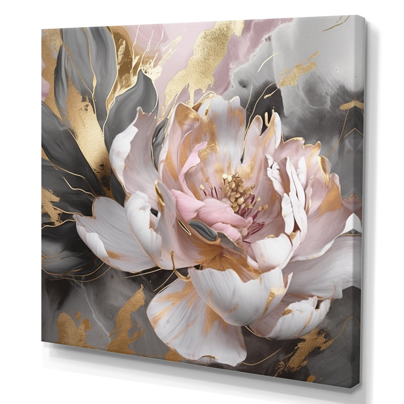 Marbre rose doré, pivoine fleur IV - Abstrait marbré, impressions sur toile, H 24 po x l 24 po, Toile tendue