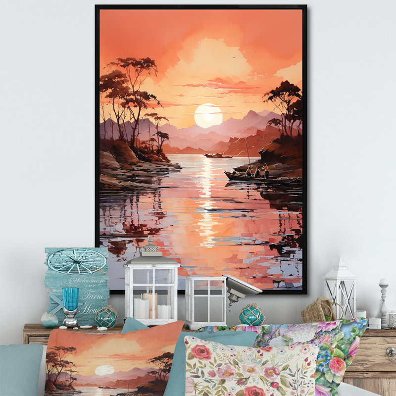 Golden Sunrise Silhouetted II - Nautical & Beach, reproduction d'art mural, Cadre flottant noir, H 32 po x l 16 po x P 1 po