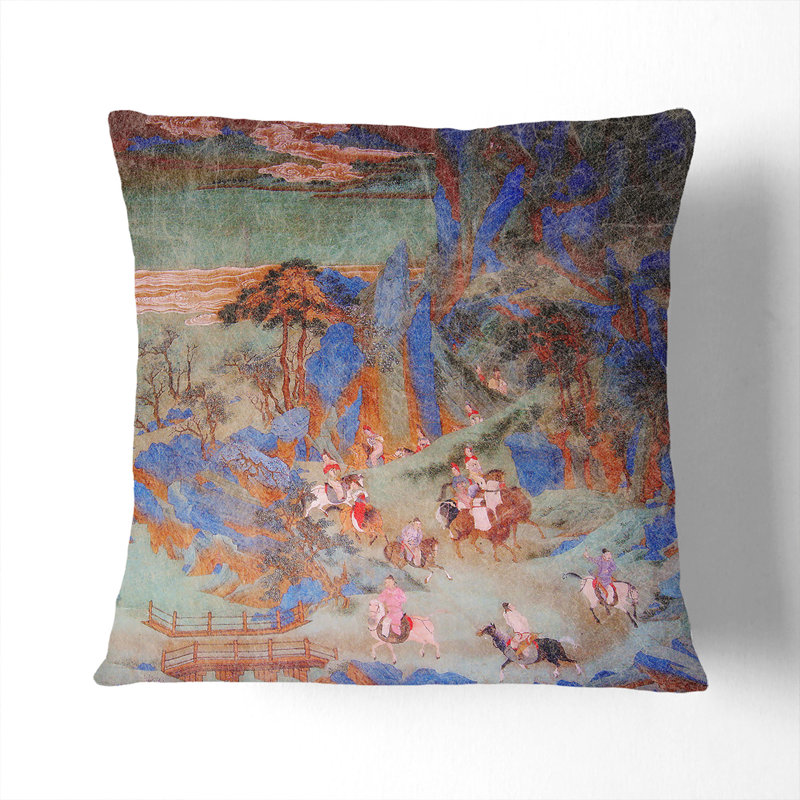 Emperor Minghuang's Journey by Qiu Ying Cushion with Filling, 40cm H x 40cm W x 15cm D