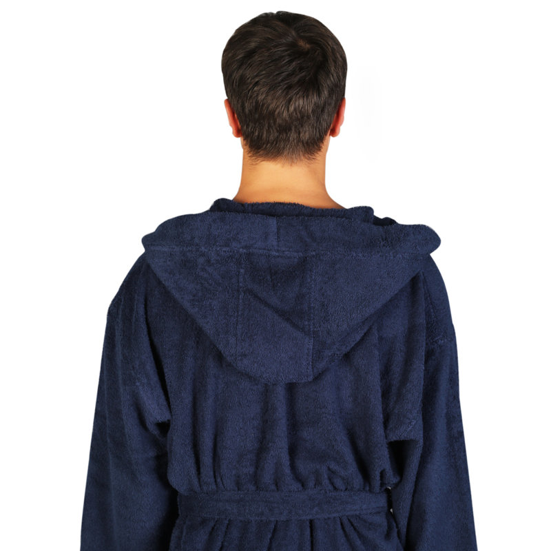 Peignoir mi-mollet 100% coton avec poches et capuche Clyda, Très très grand, Bleu marine