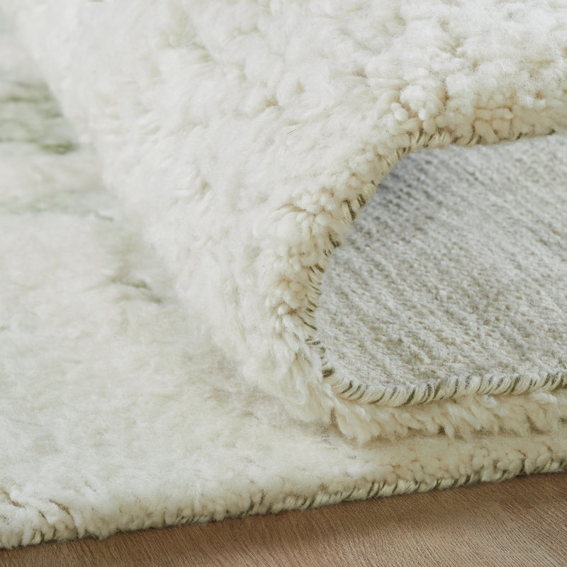 Hand Knotted Wool Abstract Area Rug in White/Green/Cream, Rectangle 3' x 5'