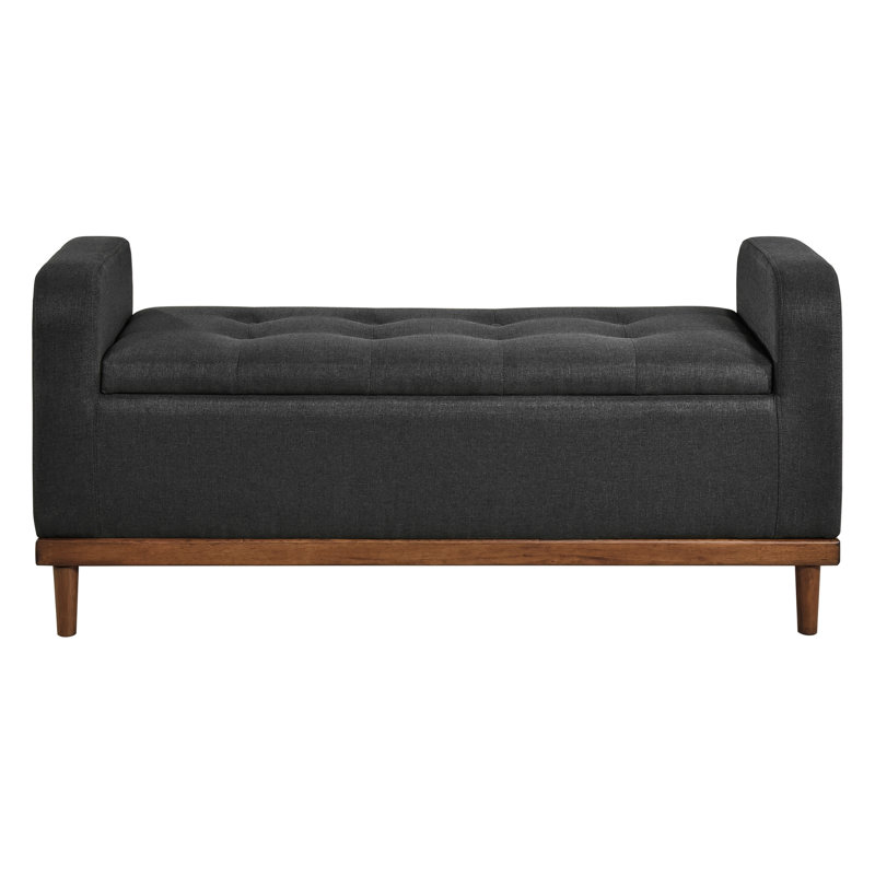 Mid-Century Modern Solid Wood Bench, Dark Gray Textured Fabric, Bedroom, 22.5" Height Upholstered Seat, 18.5" Seat Depth