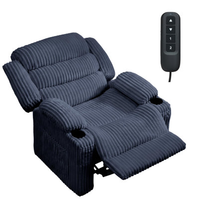 Oversized Power Recliner Chair for Adults, 26" Extra-Wide Seat - Electric Recline w/ Memory Remote - USB/Type-C Charging, Cup Holders & Side Pockets - Corduroy Blue