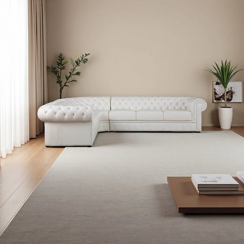 3-Piece Cow Top Leather Sectional Sofa, Left Hand Facing, White Genuine Leather