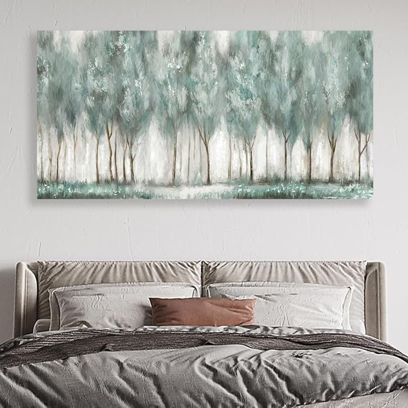 Abstrait forêt, art mural bleu sarcelle gris brumeux
