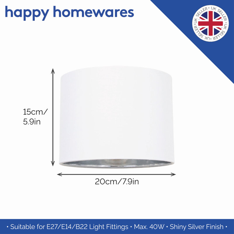 Contemporary Cotton Lamp/Light Shade with Shiny Paper Inner, 15cm H x 20cm W x 20cm D, White