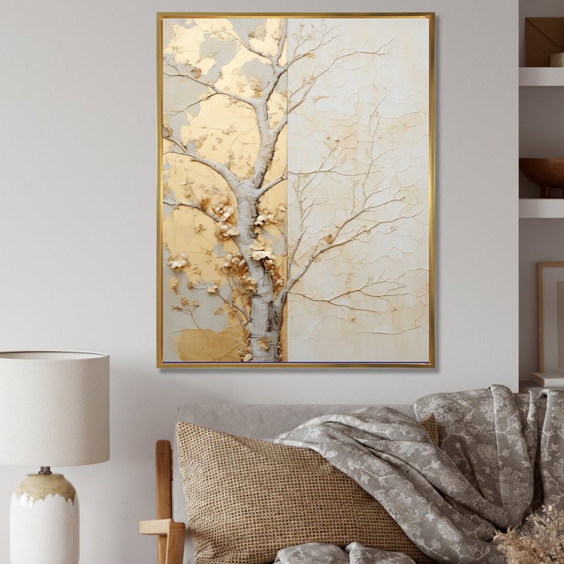 Or doré et beige, tilleul américain - art mural arbre américain, 40" H x 30" W, Cadre flottant doré