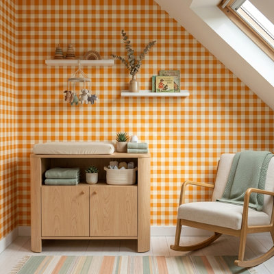 Papier peint à carreaux orange vichy