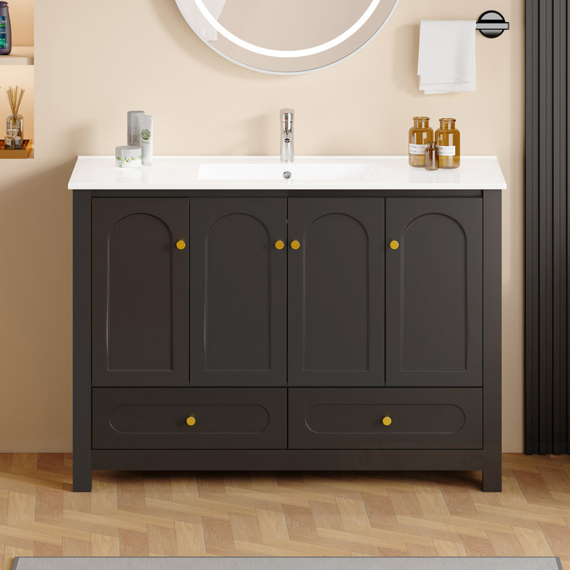 Ensemble de meuble-lavabo avec lavabo en résine, 4 portes à fermeture douce et 2 tiroirs, Noir