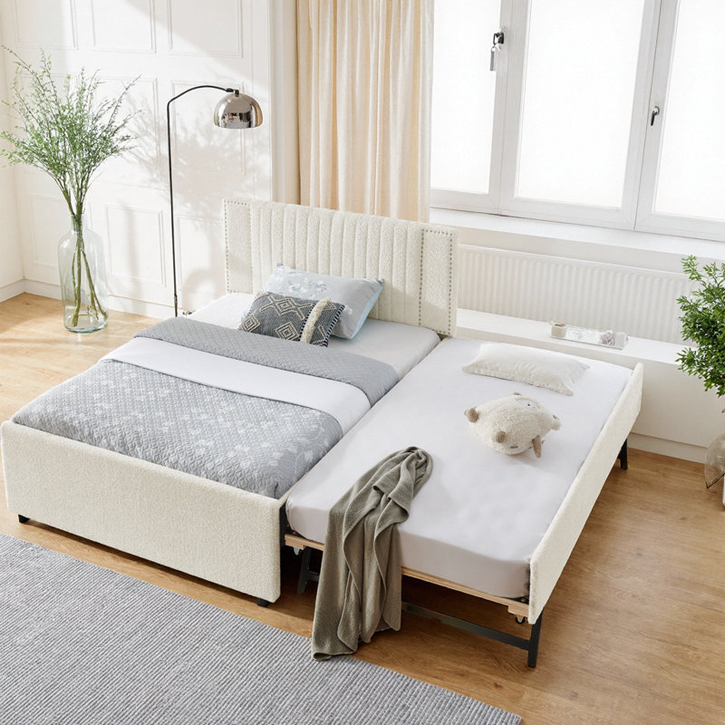 Lit de jour UNANI rembourré avec couchette et tiroirs de rangement, tissu chenille, Queen, Beige