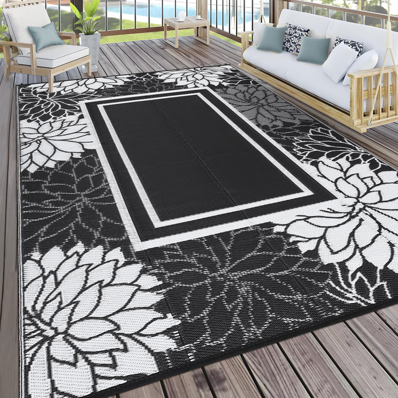 Outdoor Indoor Floral Bordered Area Rug,Outdoor Furniture Botanical Pattern Woven Carpet for Patio/Living Room, Durable & Easy Clean, Versatile Home Decor