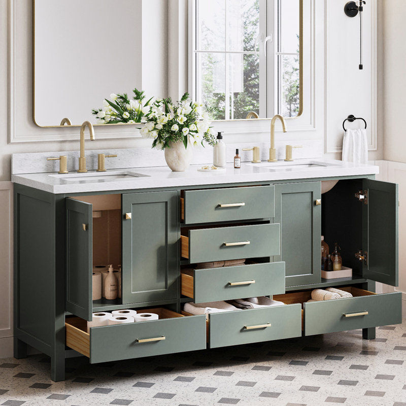 Ensemble de meuble-lavabo double 73 po Grevera, Vert rétro, Rectangular