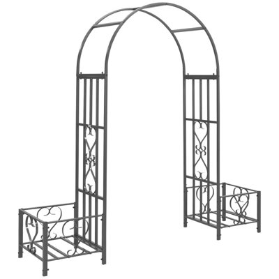 6.7'Steel Garden Arch Arbor with Scrollwork Heart Design, Outdoor Climbing Vine Support with Planter Boxes for Backyard Lawn Wedding Party Decor, Dark Gray