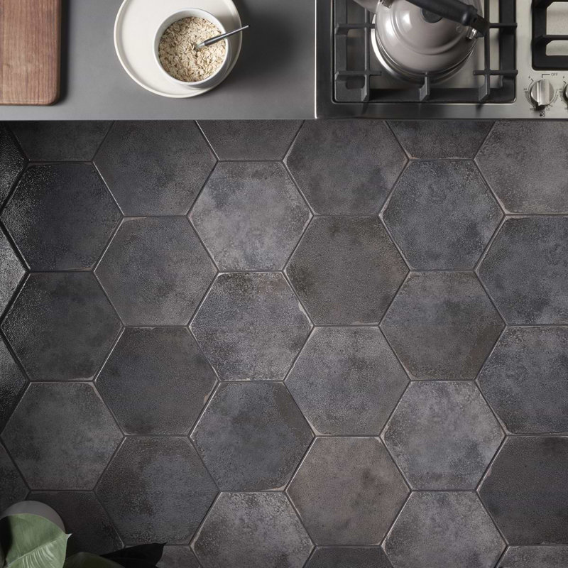 Kalay 9" Hexagon Polished Porcelain Tile, Antracite