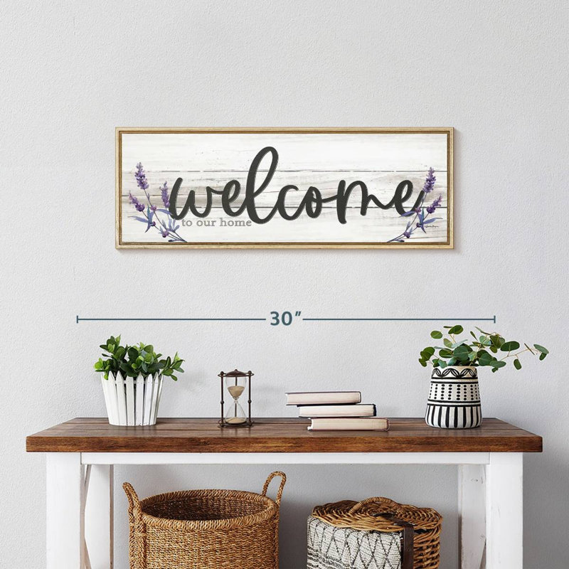 Plaque murale "Welcome to our home" lavande, 25 po x 9 po, Cadre flottant en bois naturel