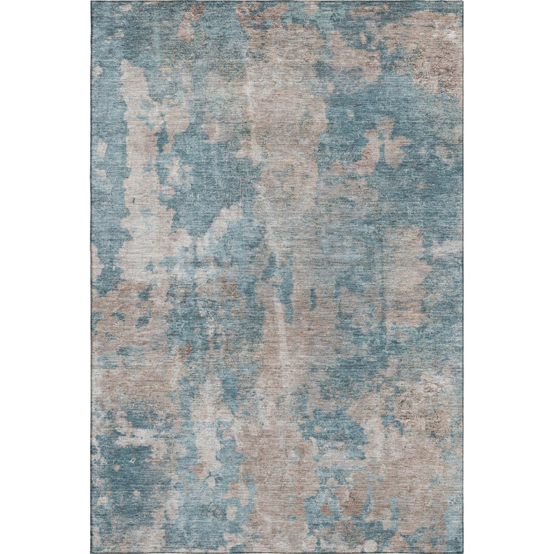 Teal and Beige Rectangular Washable Synthetic Rug, 3' x 5'