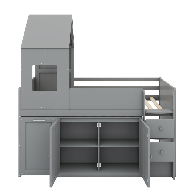 Lit mezzanine peu encombrant avec bureau d'étude intégré et rangement à tiroirs multiples, Gris