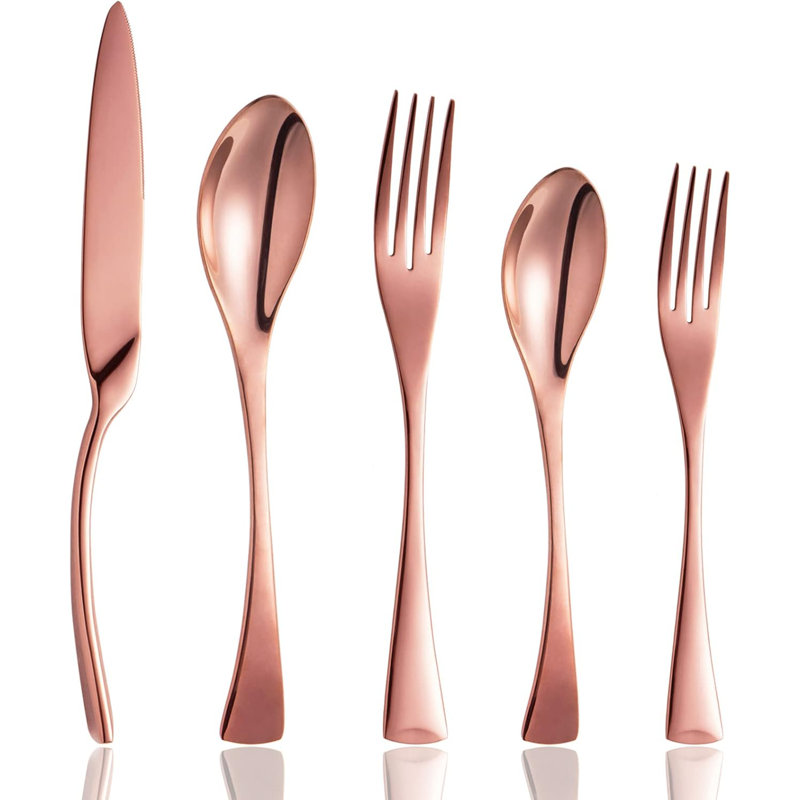 Ensemble de couverts 20 pièces en or rose, couverts modernes en acier inoxydable au design élégant pour la maison et la cuisine, comprenant couteaux, fourchettes et cuillères