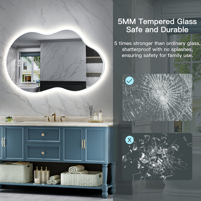 Cloud Shape Bathroom LED Mirror with Frontlit & Backlit, Anti Fog Lighted Vanity Mirror with Stepless Dimmable, ETL Listed, IP54 Waterproof, CRI90+, HD Tempered Glass
