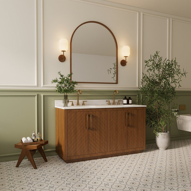 Linsay 60" Fully Assembled Rustic Farmhouse Double Sink Bathroom Vanity with Chevron Wood Cabinet, Engineered Marble Countertop