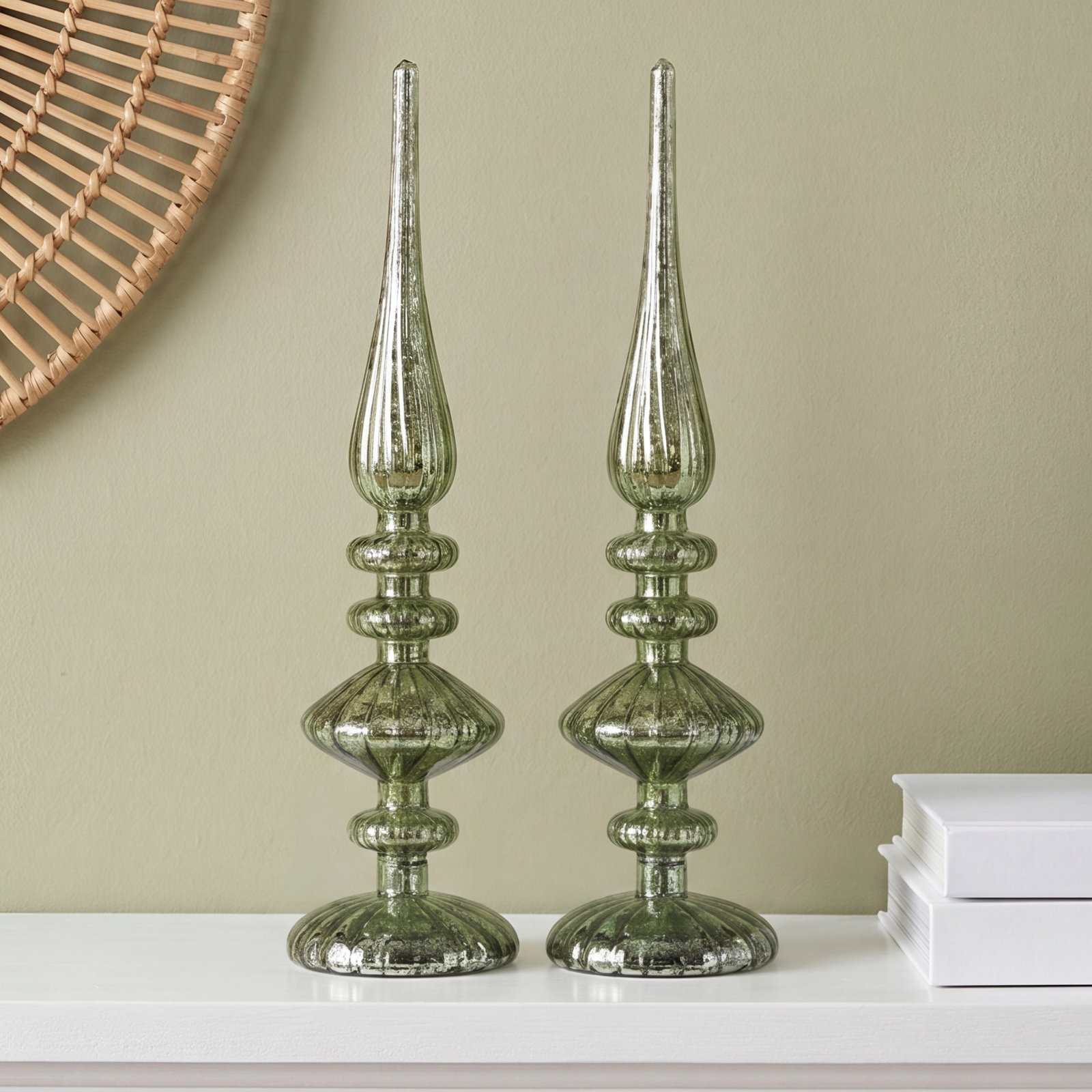 LED Tabletop Finials, Set of 2, 13.25" H x 3.5" W x 3.5" D, Antique Green