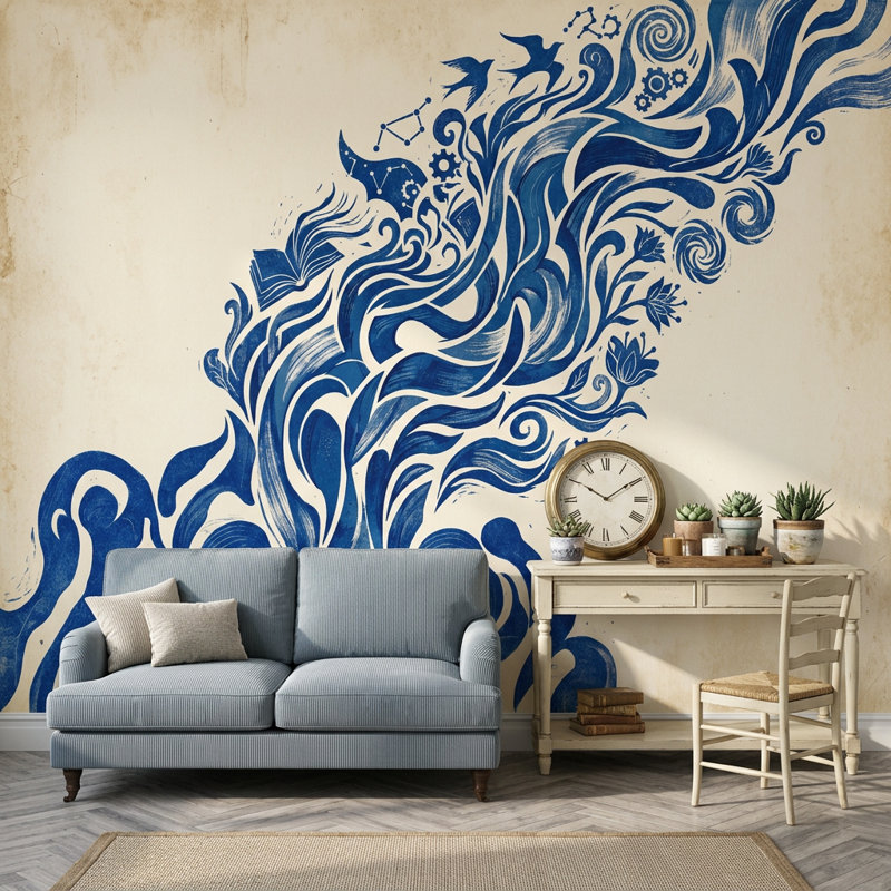 Papier peint vagues tourbillonnantes, engrenages, Textured Non-Pasted, 120 po x 96 po