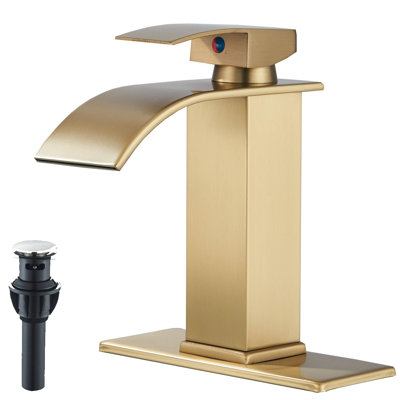Mosson Brushed Gold Waterfall Faucet Set with 6-Inch Square Deck Plate and Plastic Pop-Up Drain