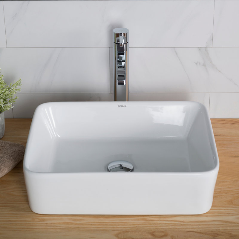 Ceramic Rectangular Vessel Bathroom Sink with Faucet, Chrome