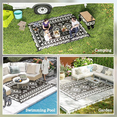 Tapis d'extérieur réversible, tapis de sol en paille de plastique imperméable, tapis de camping portatif, grand tapis de jardin, terrasse, pique-nique, plage, patchwork losange noir et blanc