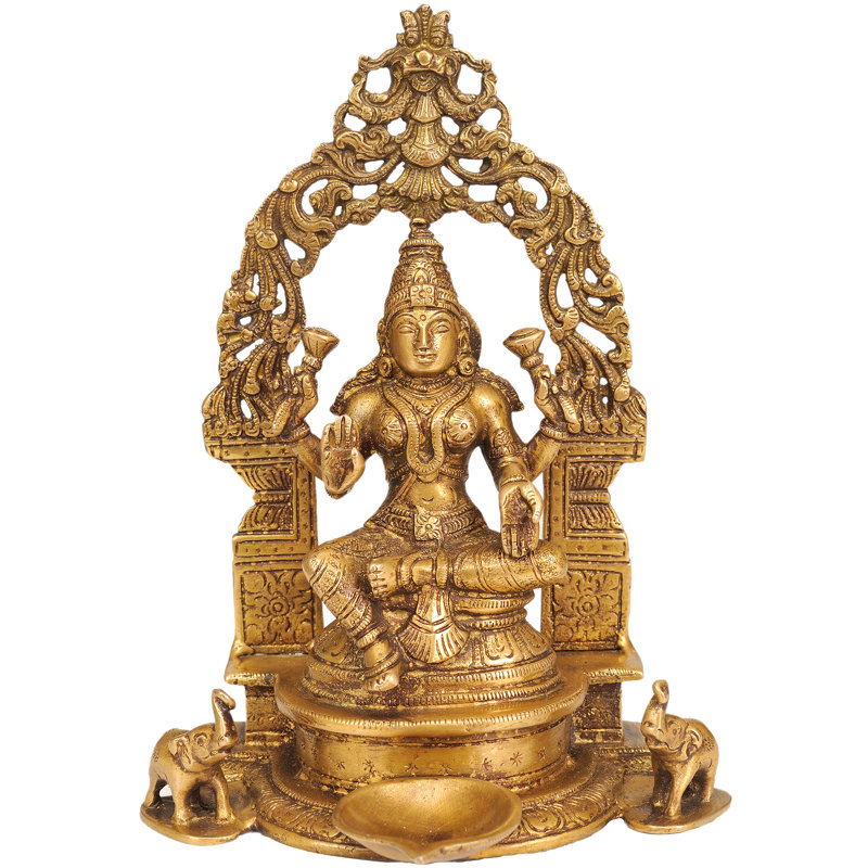 Statue de laiton déesse intronisée de 9 pouces avec Lakshmi Puja Diya - Figurine de lampe à l'huile de divinité fabriquée à la main pour temple intérieur, Diwali Decor & Prosperity Lighting