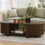 Table basse ovale cannelée avec rangement, bois d'hévéa massif, 1 tablette et 2 portes ouvertes, finition noyer pour le salon-1860813411