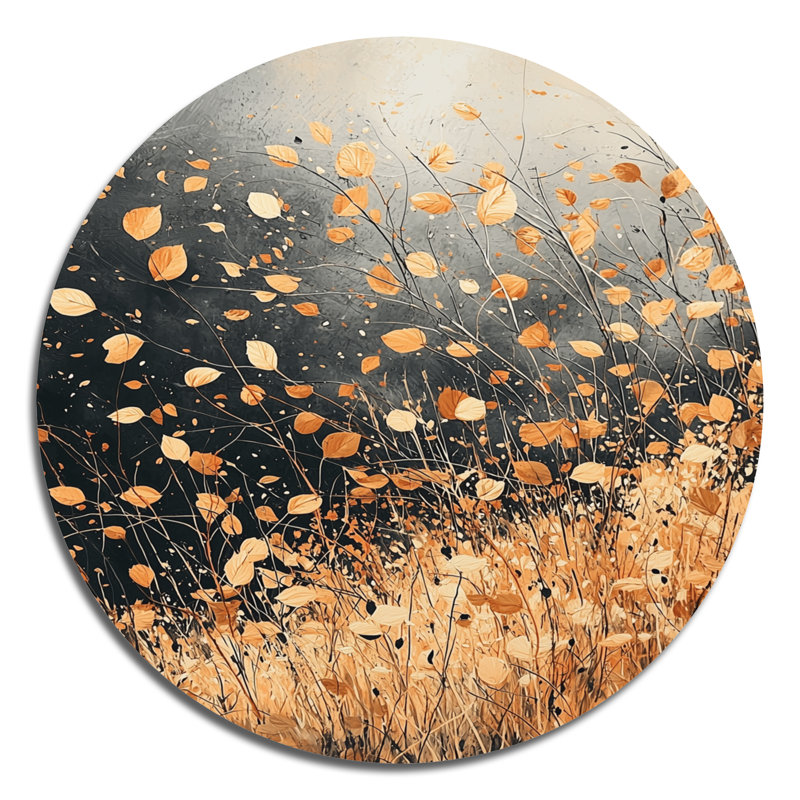 Windy Prairie Leaves I - décoration murale en métal orange traditionnel, art mural rond imprimé prairie, H 16 po x l 16 po